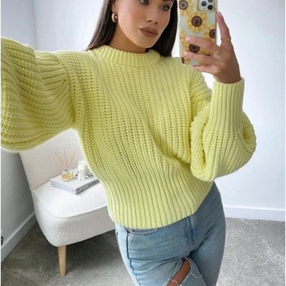 ZARA Purl Chunky Knit Balloon Sleeve Sweater Yellow Bloggers Fav